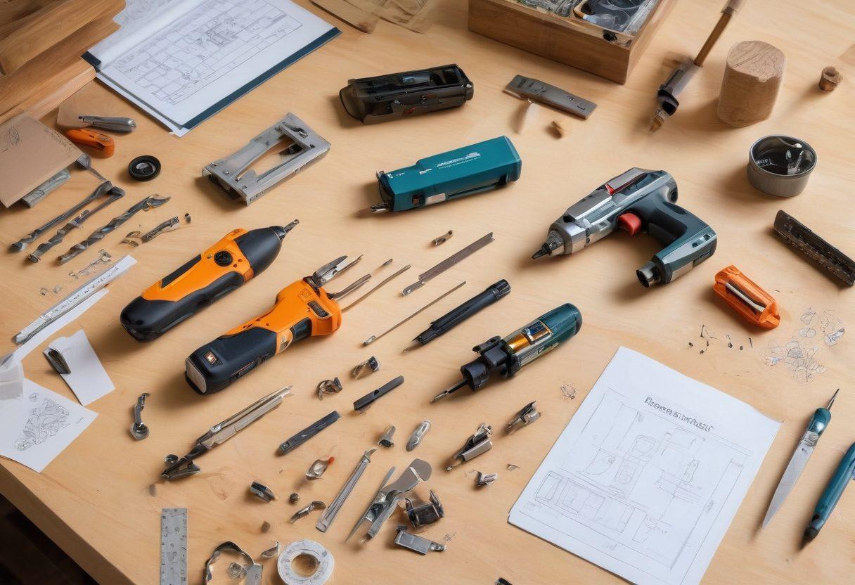 A dynamic workspace featuring a variety of Bajoo tools, each labeled for different tasks: a sleek multi-tool, a compact power drill, and an innovative gadget for DIY projects. The background shows a bright, organized workshop with blueprints and materials scattered around, conveying a sense of creativity and versatility. Soft natural lighting enhances the scene, inviting the viewer to explore their potential. vibrant colors. super-realistic.