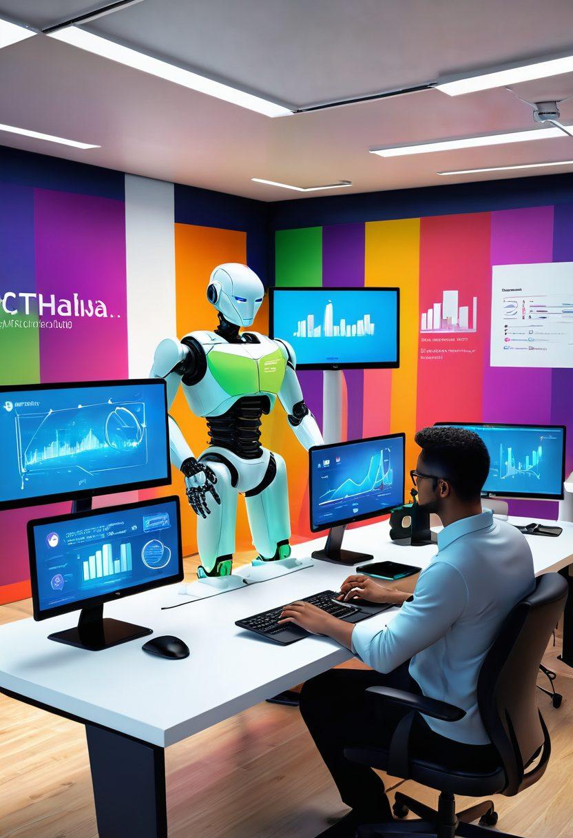 A dynamic business workspace showcasing a diverse team collaborating over digital devices, highlighted by an innovative platform interface on screens, representing efficiency and transformation. Include elements like graphs showing growth, a friendly robot assistant, and modern office decor. Emphasize a feeling of empowerment and technology at play. vibrant colors. 3D. super-realistic.