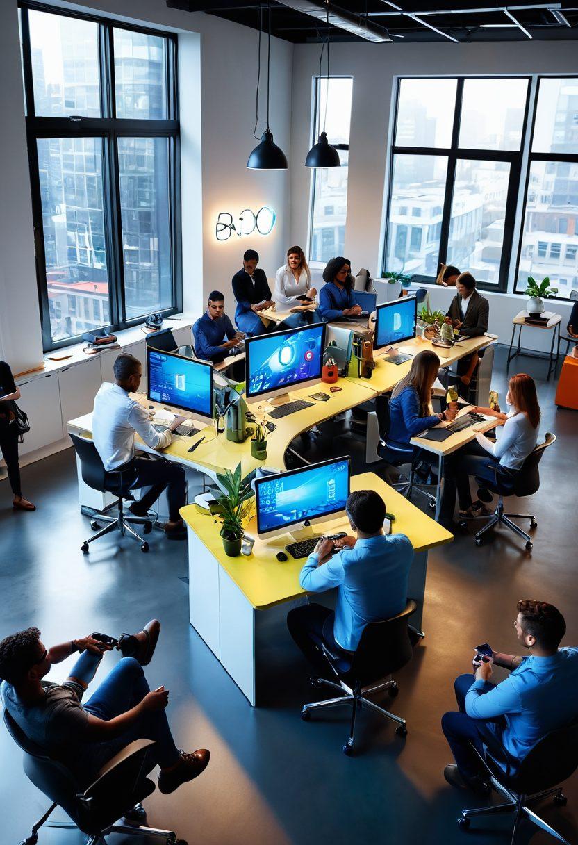 A captivating scene showcasing a diverse group of people using innovative Bajoo tools in a bright, modern workspace. Highlight different tools tailored for various tasks, surrounded by digital interface elements and gears symbolizing creativity and problem-solving. The atmosphere should radiate energy and collaboration, with a burst of colors reflecting innovation. super-realistic. vibrant colors. modern design.